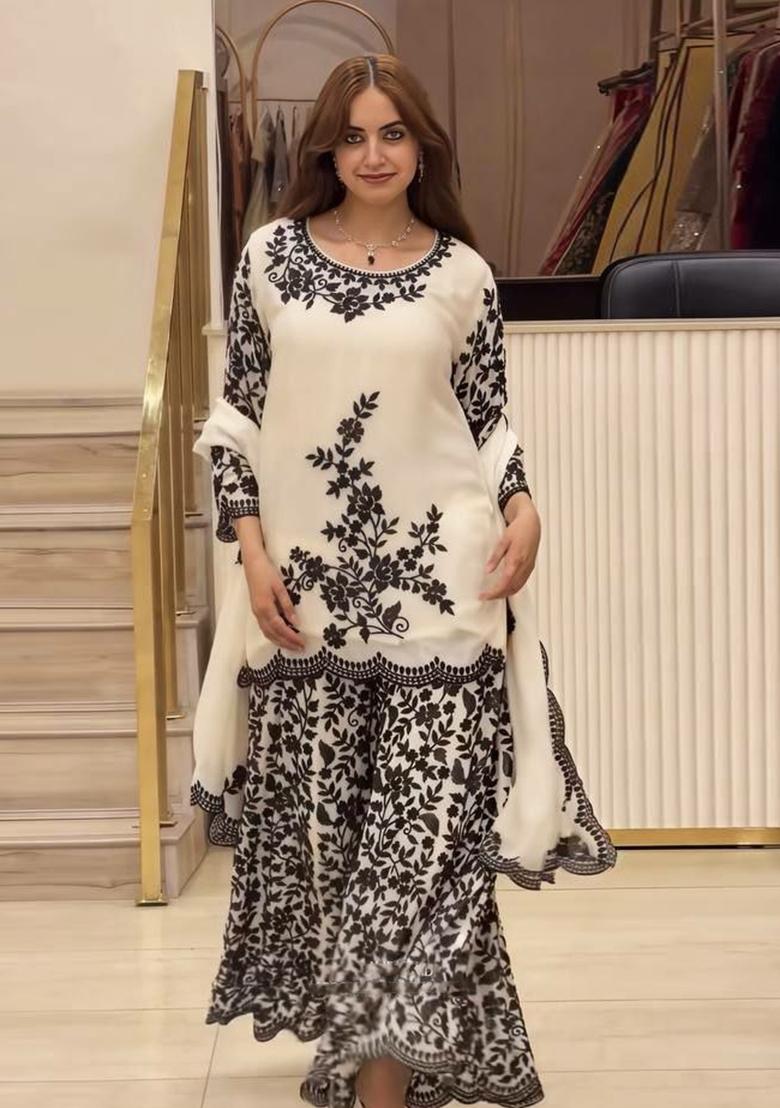 White Sequin Work Georgette Pakistani Suit Set - Indya