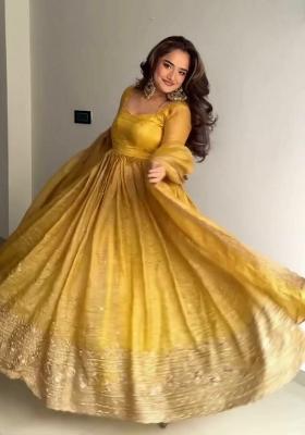 Yellow Sequin Work Gold Crush Anarkali Set
