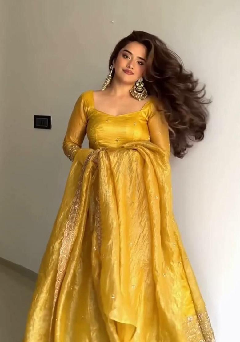Yellow Sequin Work Gold Crush Anarkali Set - Indya