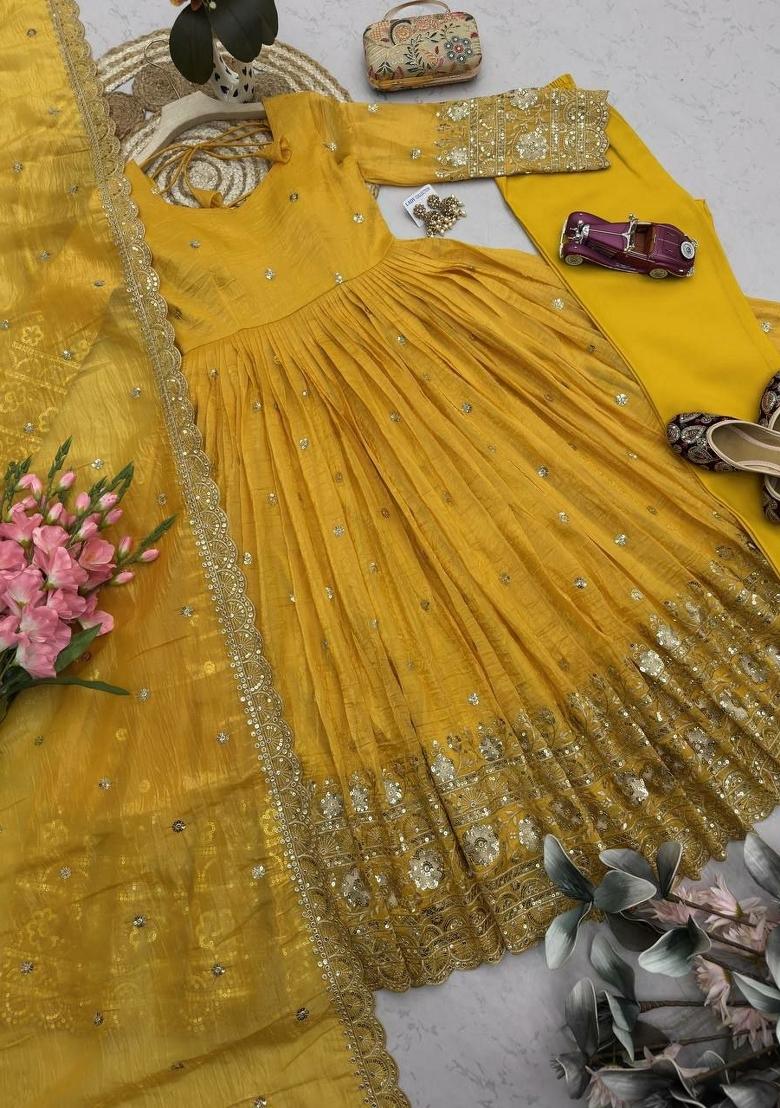 Yellow Sequin Work Gold Crush Anarkali Set - Indya