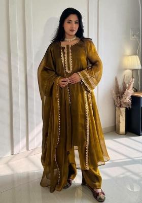 Mehendi Lece Work Chiffon Farshi Salwar Suit
