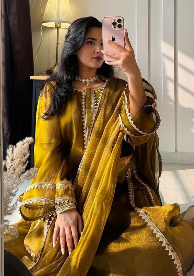 Mehendi Lece Work Chiffon Farshi Salwar Suit - Indya