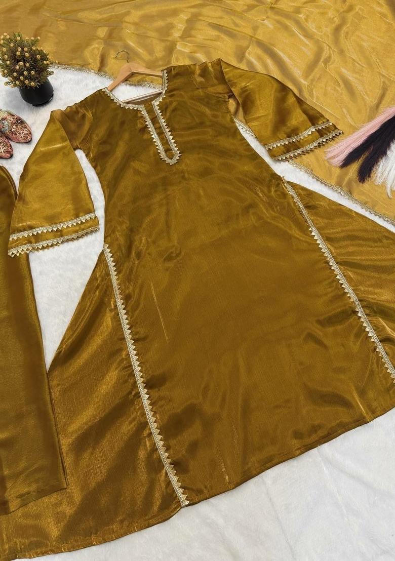 Mehendi Lece Work Chiffon Farshi Salwar Suit - Indya