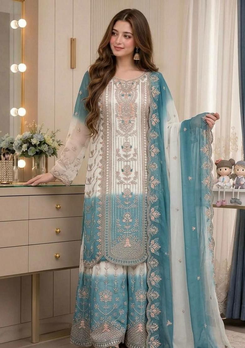 Blue Embroidered Georgette Pakistani Suit Set - Indya