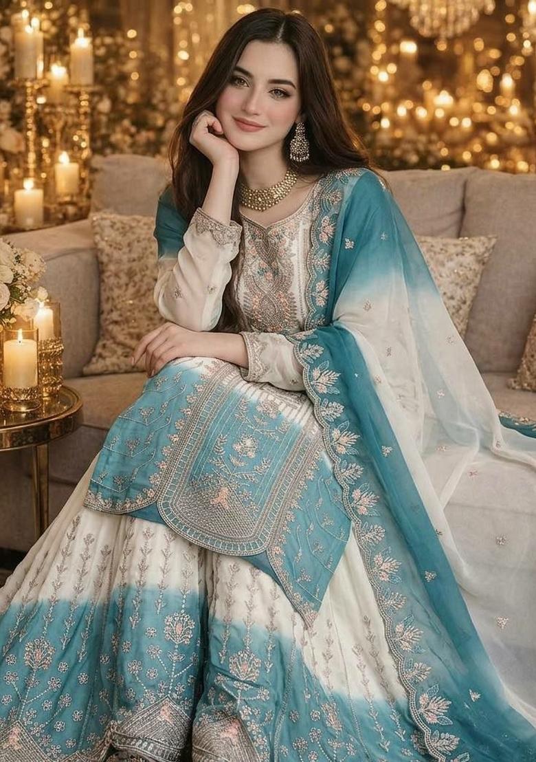 Blue Embroidered Georgette Pakistani Suit Set - Indya