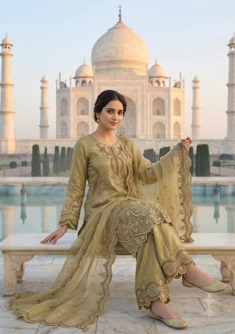 Green Sequin Work Crunchy Pakistani Suit Set - Indya