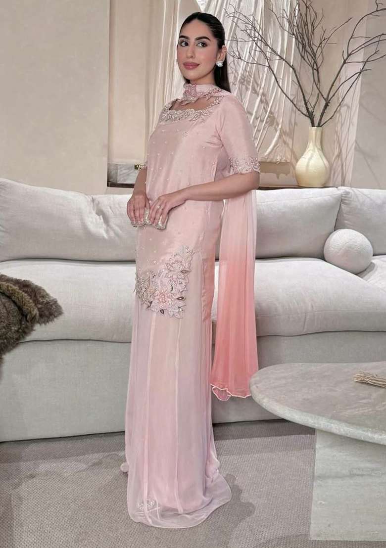 Pink Embroidered Silk Farshi Salwar Suit - Indya