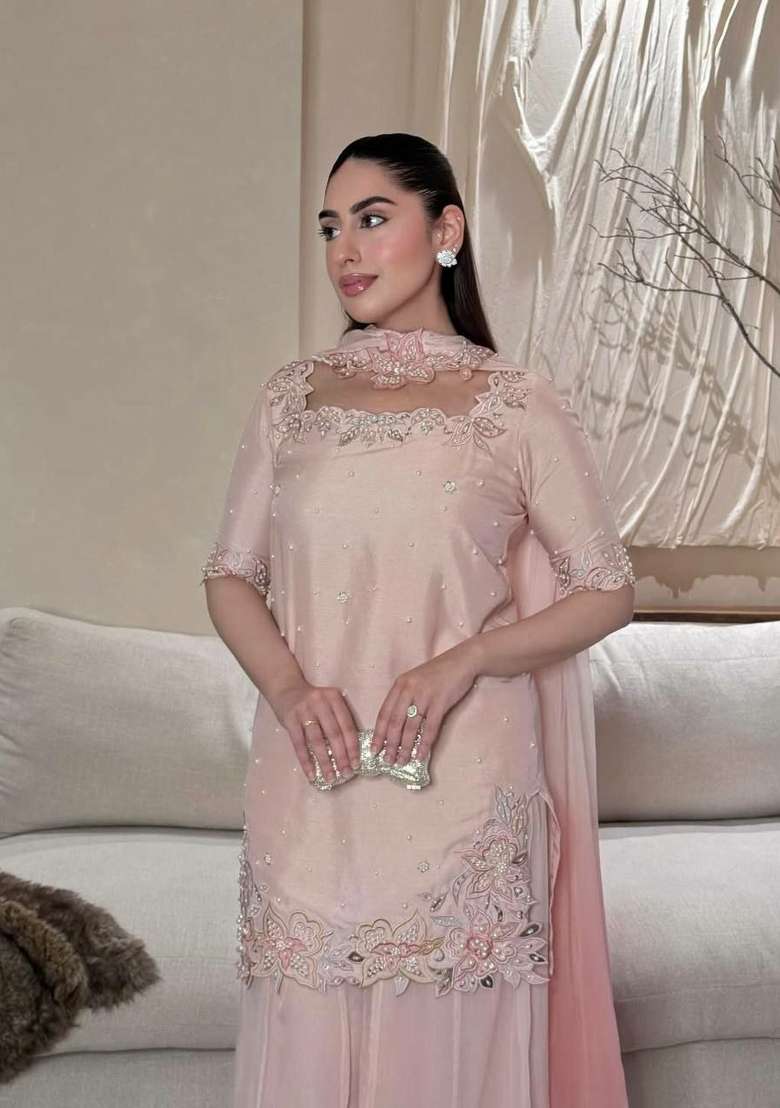 Pink Embroidered Silk Farshi Salwar Suit - Indya