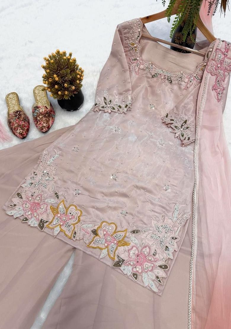 Pink Embroidered Silk Farshi Salwar Suit - Indya
