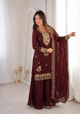 Maroon Sequin Work Silk Sharara Set