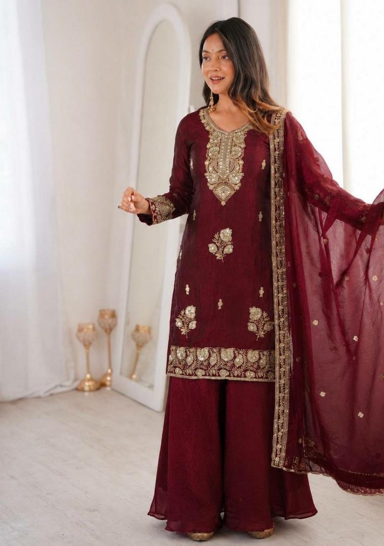 Maroon Sequin Work Silk Sharara Set - Indya