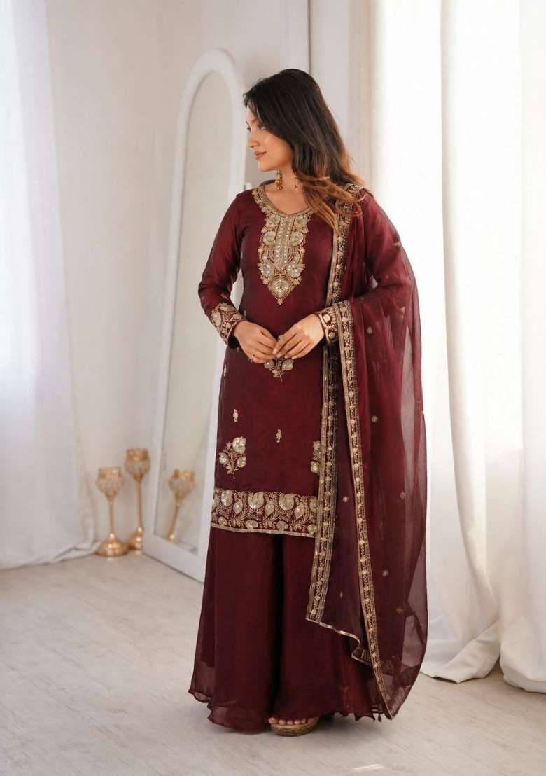 Maroon Sequin Work Silk Sharara Set - Indya