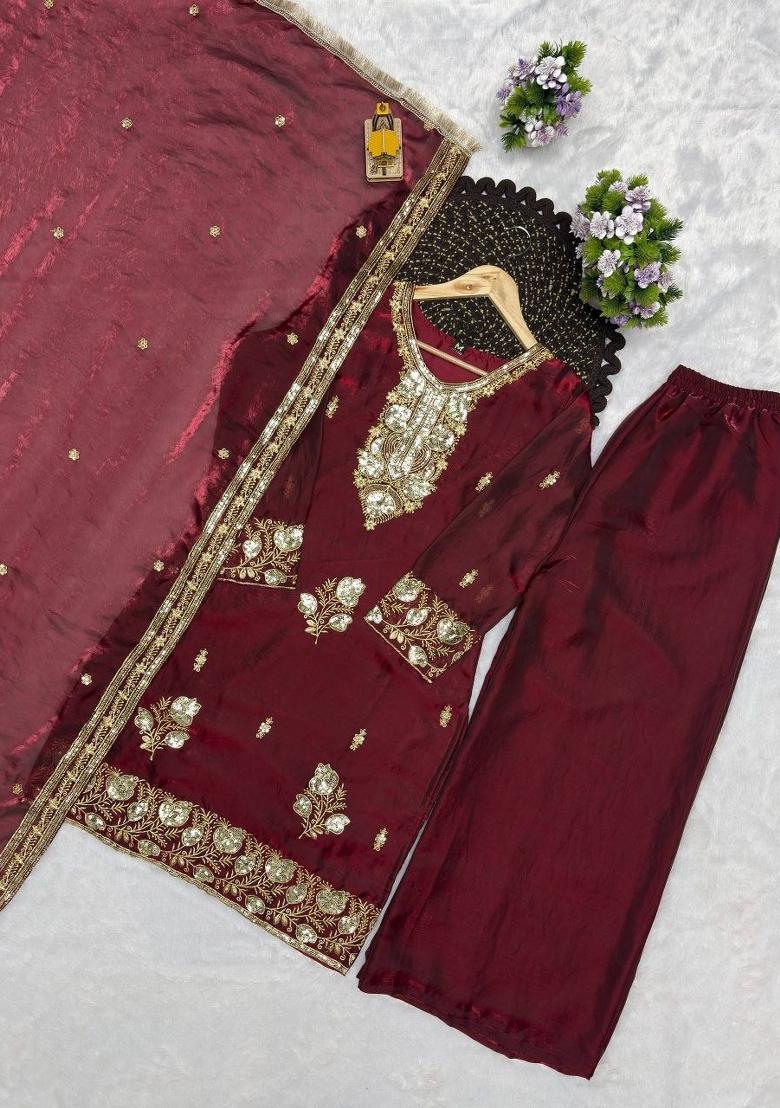 Maroon Sequin Work Silk Sharara Set - Indya