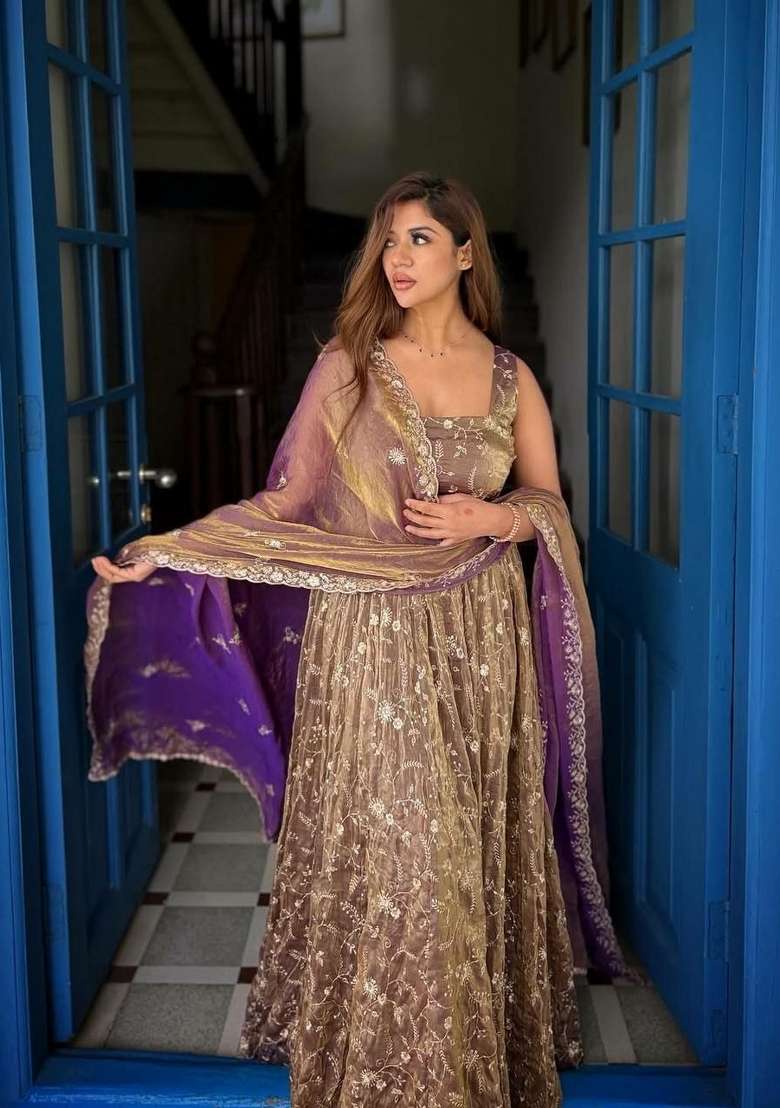 Purple Sequin Work Silk Anarkali Set - Indya