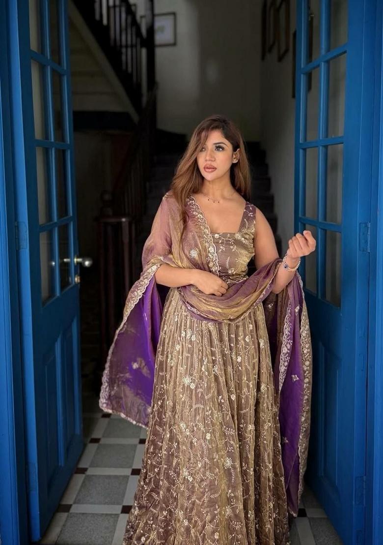 Purple Sequin Work Silk Anarkali Set - Indya