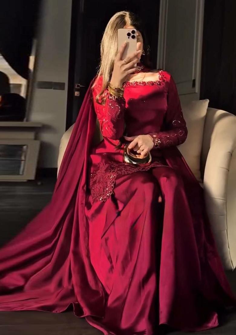 Red Sequin Work Silk Sharara Set - Indya