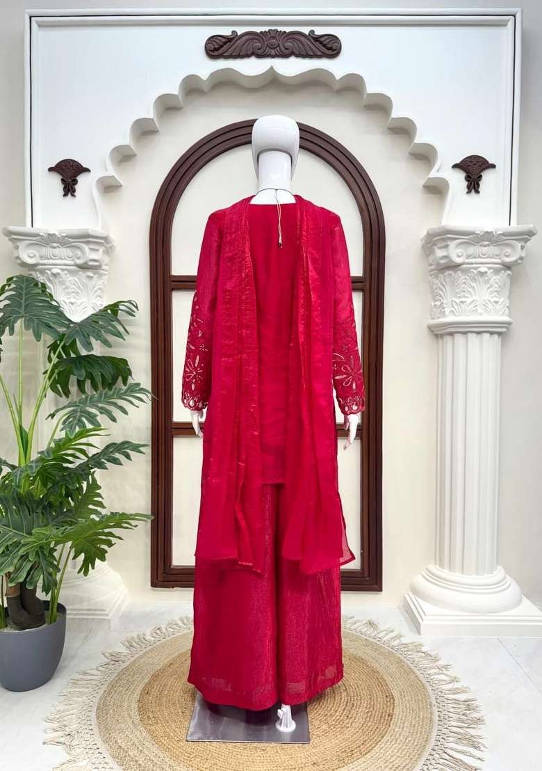 Red Sequin Work Silk Sharara Set - Indya
