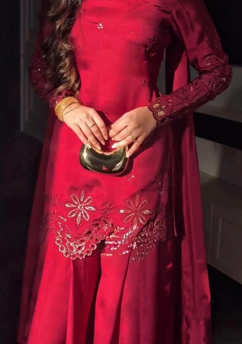 Red Sequin Work Silk Sharara Set - Indya