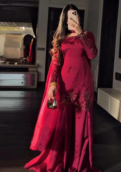 Red Sequin Work Silk Sharara Set