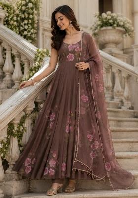 Brown Huge Flair Georgette Anarkali Set