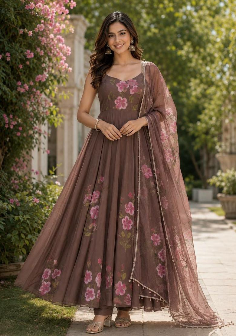 Brown Huge Flair Georgette Anarkali Set - Indya