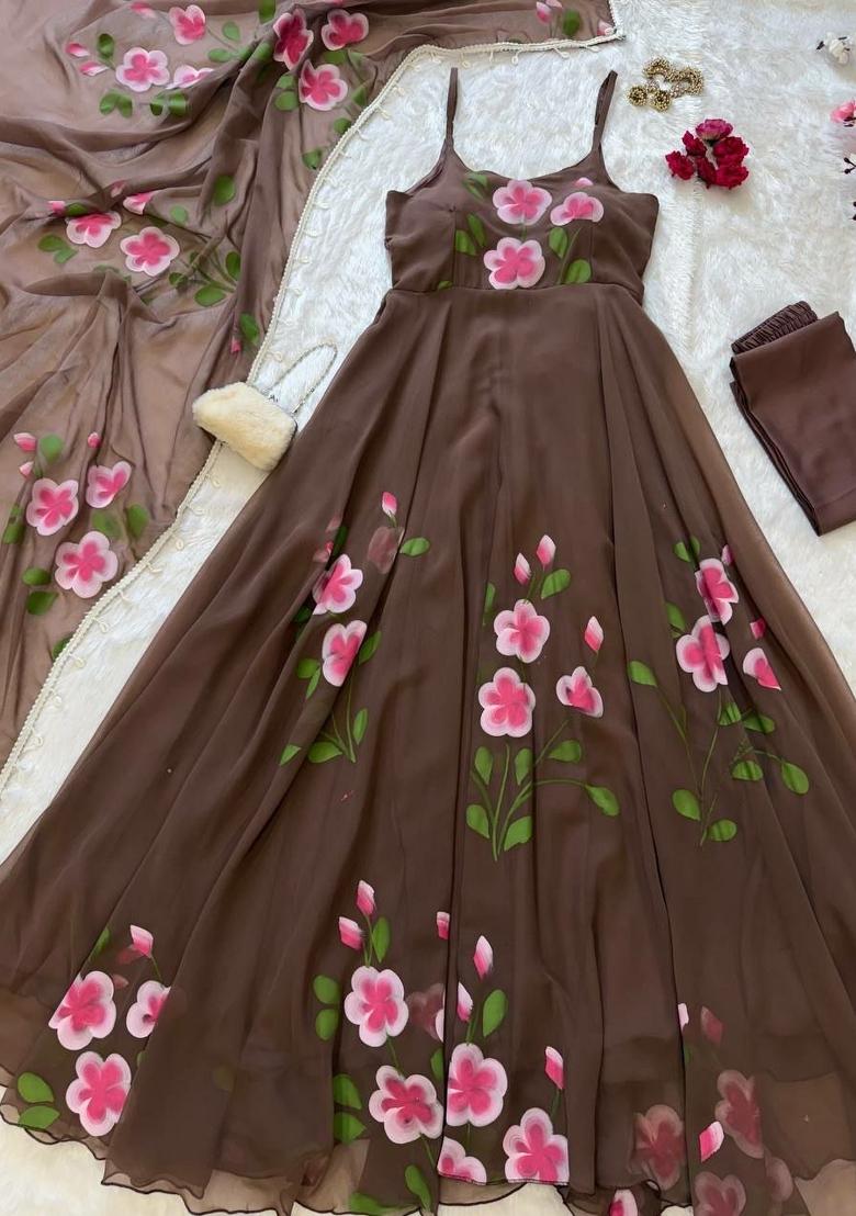 Brown Huge Flair Georgette Anarkali Set - Indya