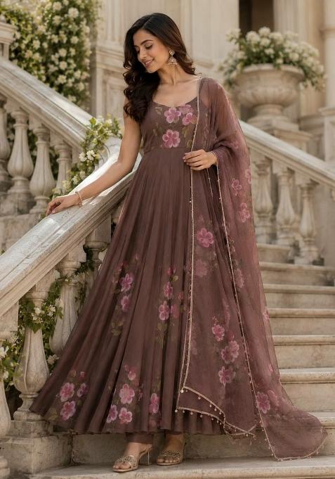 Brown Huge Flair Georgette Anarkali Set