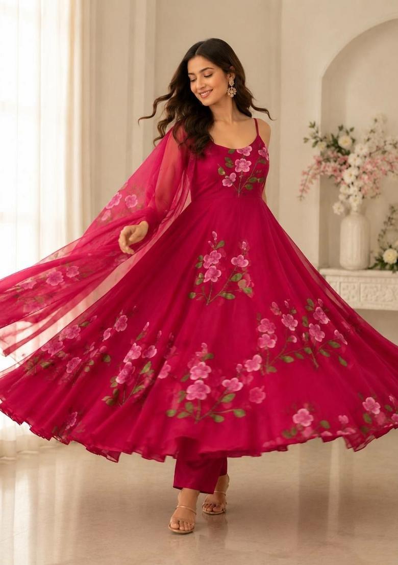 Red Huge Flair Georgette Anarkali Set - Indya