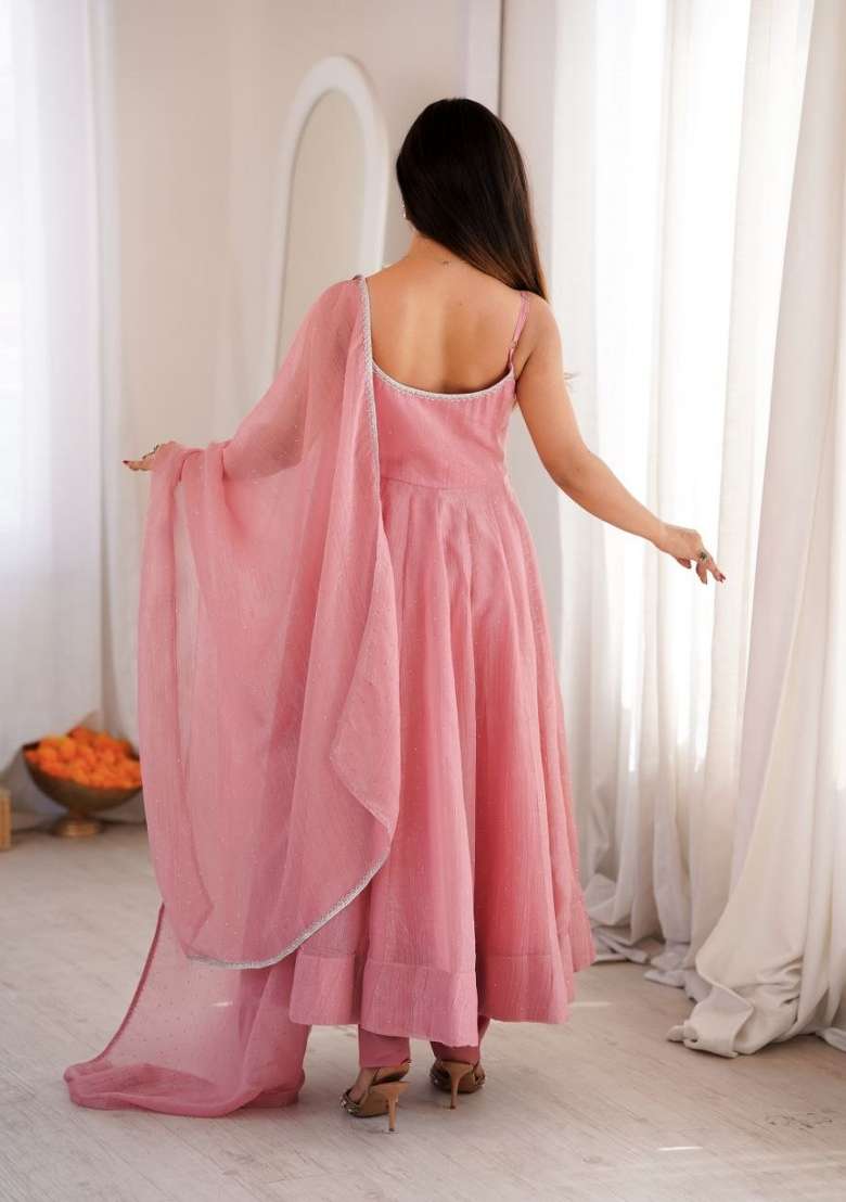Pink Siroski Work Silk Anarkali Set - Indya