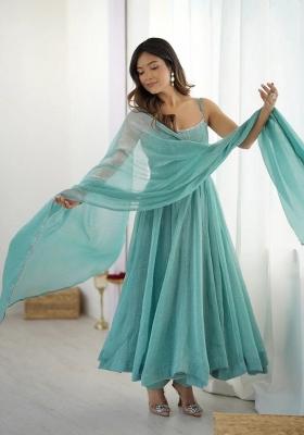 Sky Blue Siroski Work Silk Anarkali Set