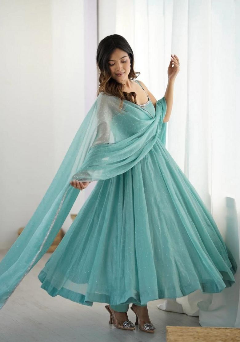 Sky Blue Siroski Work Silk Anarkali Set - Indya