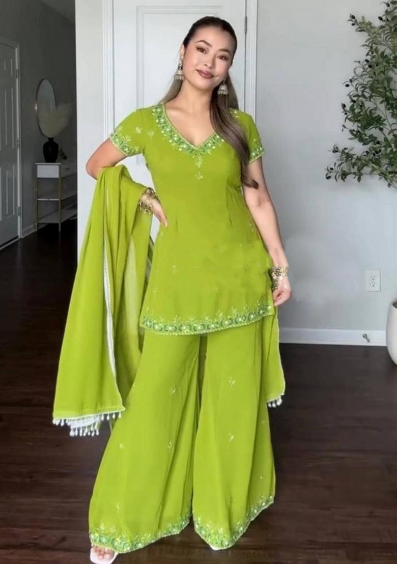 Green Sequin Work Georgette Farshi Salwar Suit - Indya