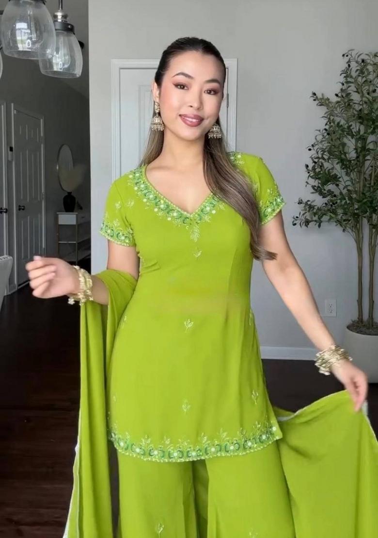 Green Sequin Work Georgette Farshi Salwar Suit - Indya