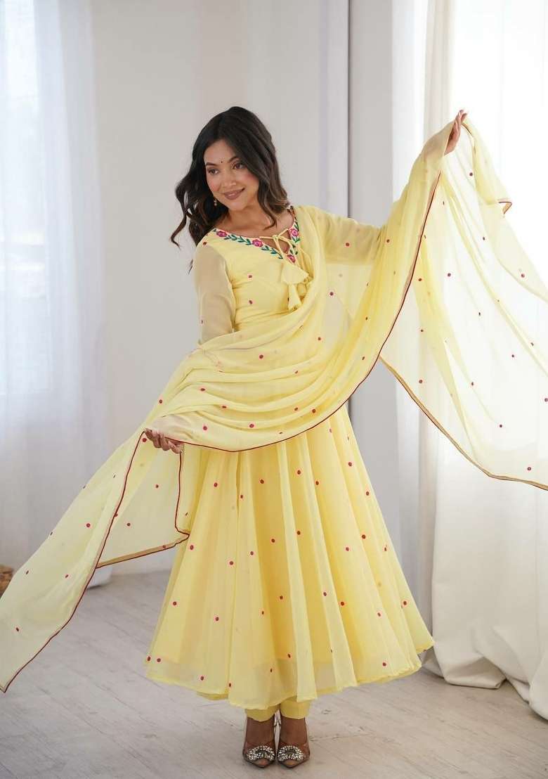 Yellow Embroidered Georgette Anarkali Set - Indya