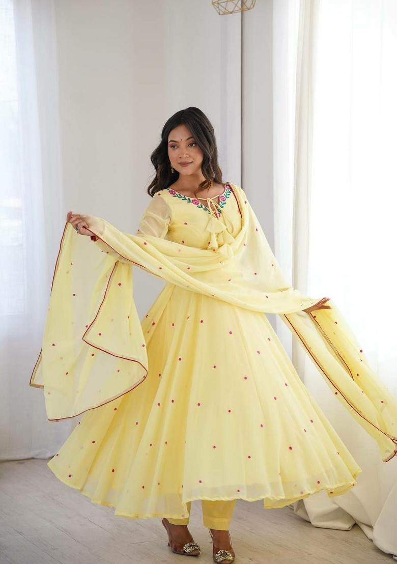 Yellow Embroidered Georgette Anarkali Set - Indya