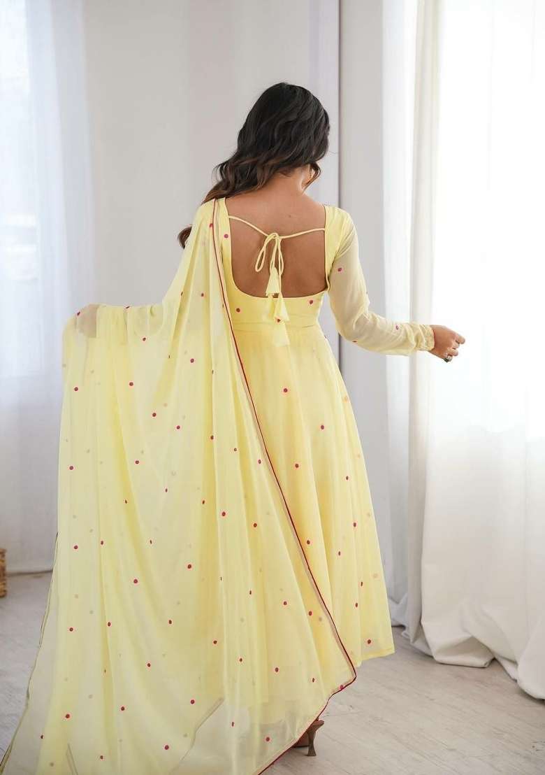 Yellow Embroidered Georgette Anarkali Set - Indya