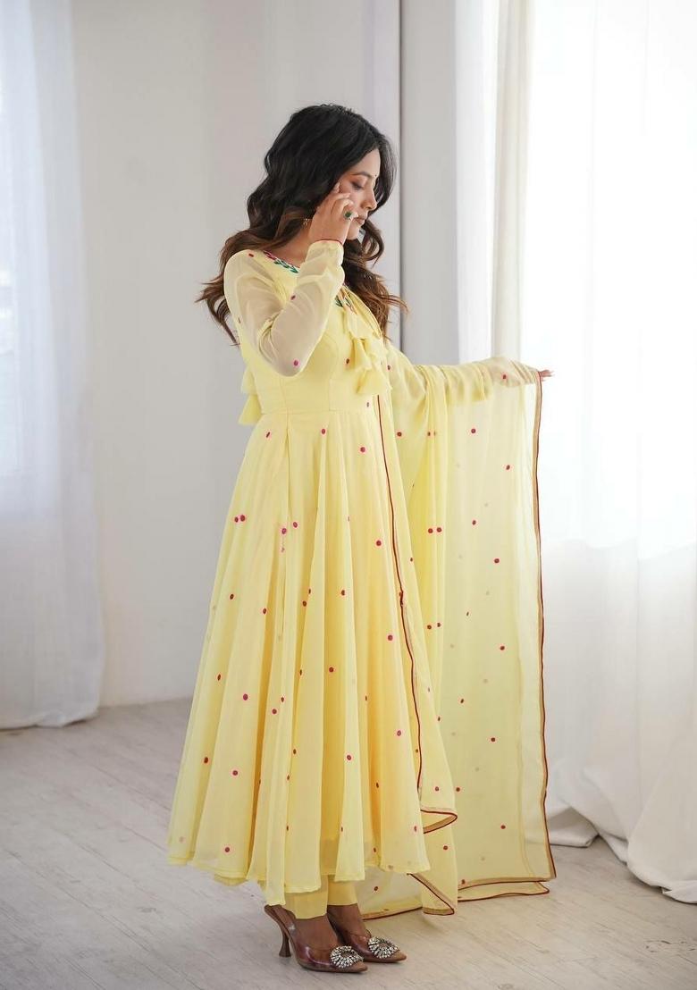 Yellow Embroidered Georgette Anarkali Set - Indya