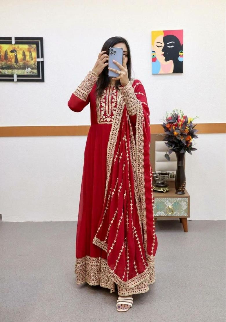 Red Embroidered Georgette Anarkali Set - Indya