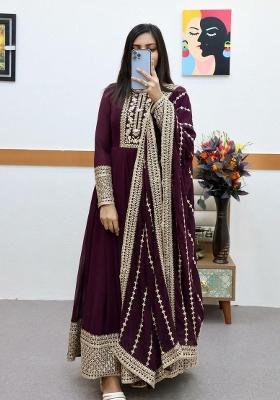 Purple Embroidered Georgette Anarkali Set