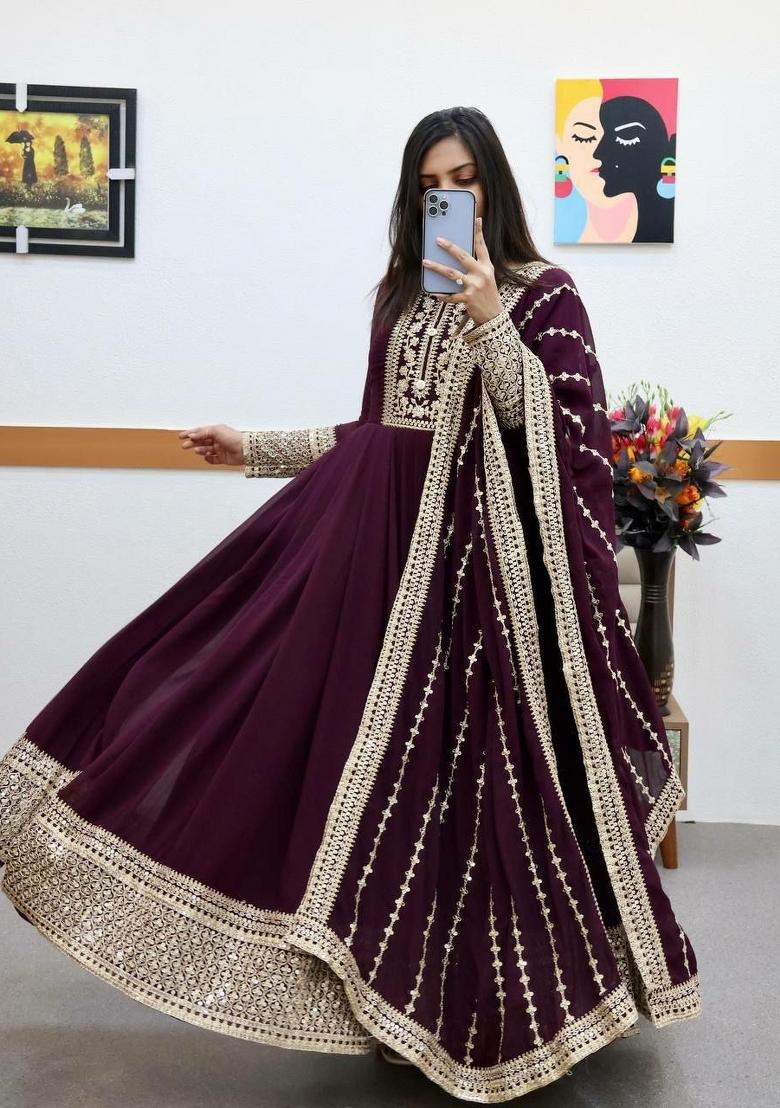 Purple Embroidered Georgette Anarkali Set - Indya