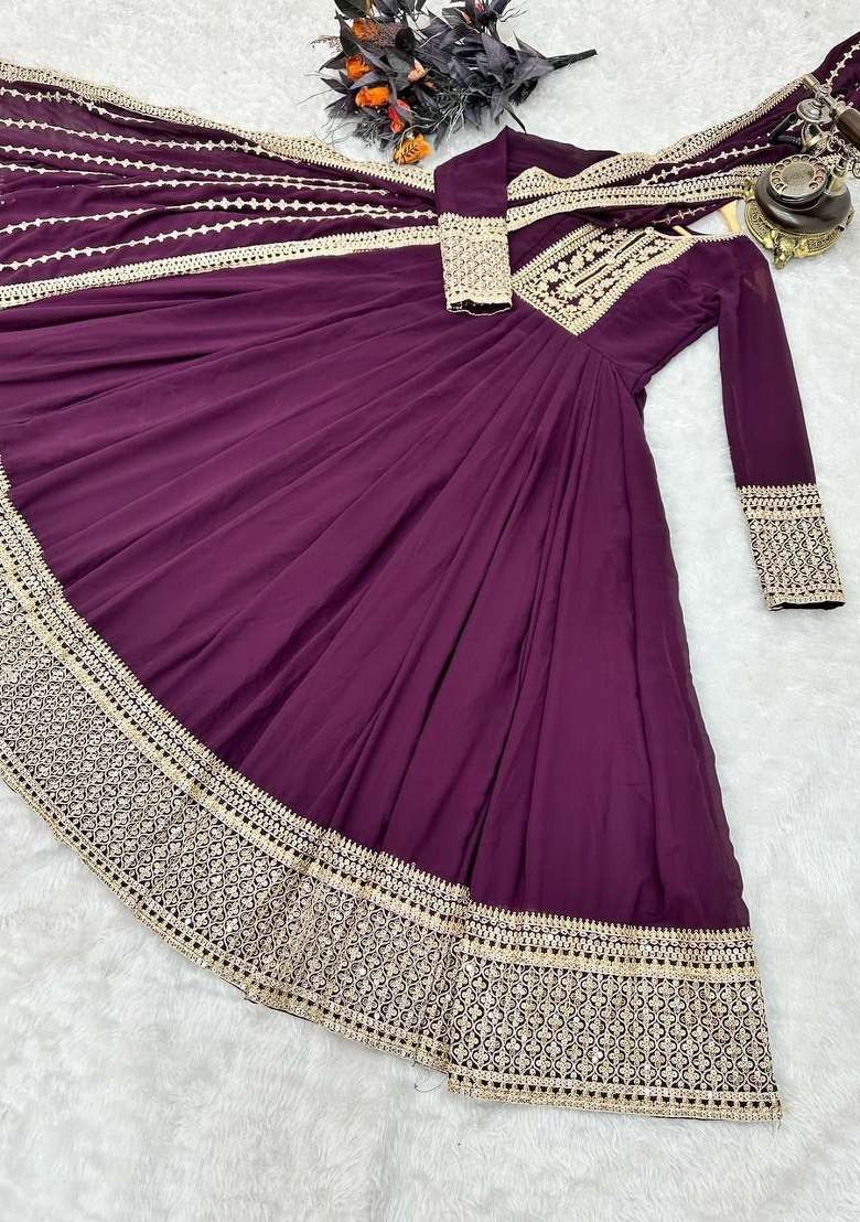 Purple Embroidered Georgette Anarkali Set - Indya