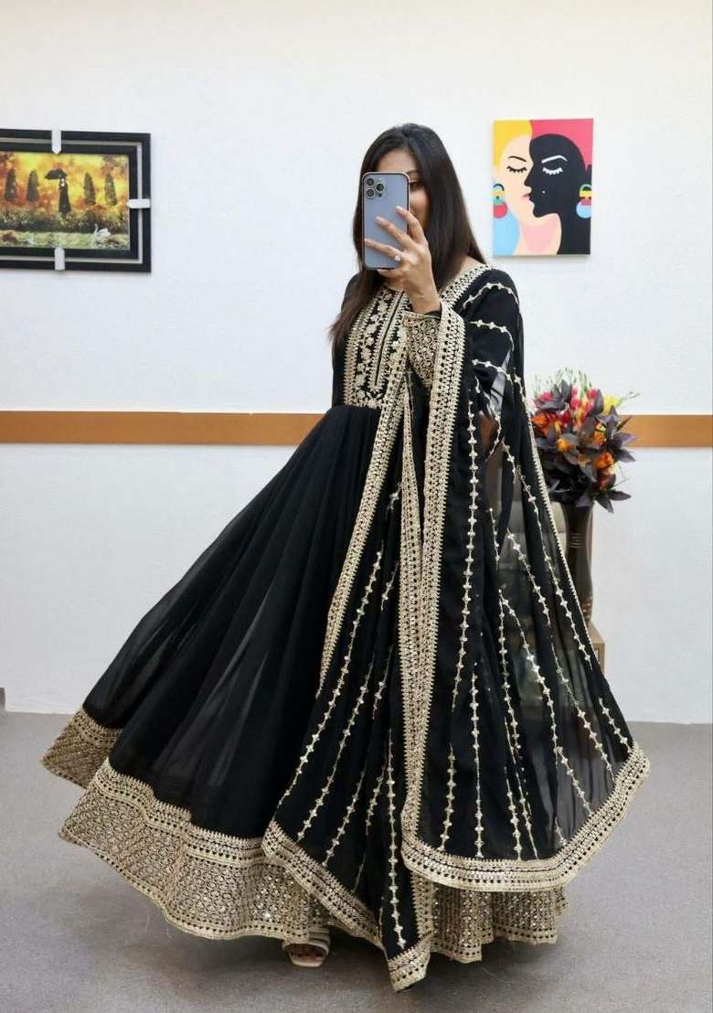 Black Embroidered Georgette Anarkali Set - Indya