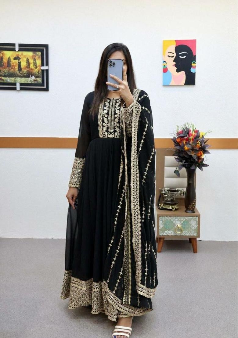 Black Embroidered Georgette Anarkali Set - Indya