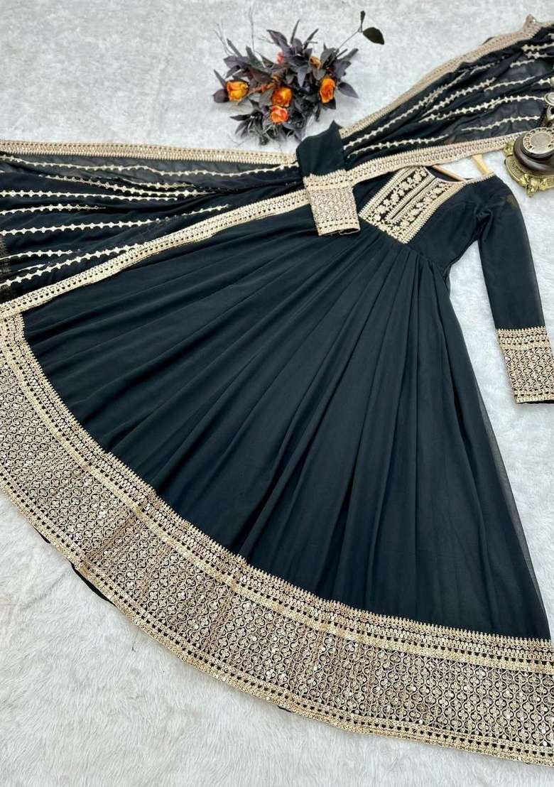 Black Embroidered Georgette Anarkali Set - Indya