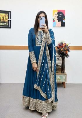 Blue Embroidered Georgette Anarkali Set