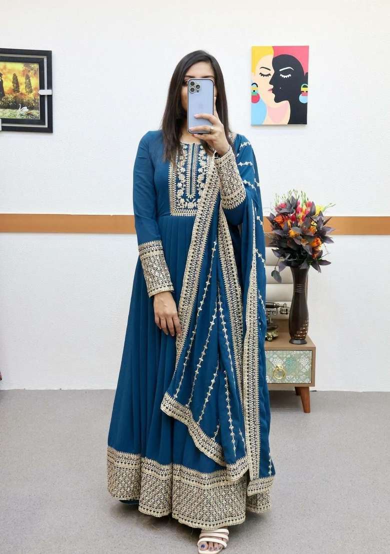 Blue Embroidered Georgette Anarkali Set - Indya