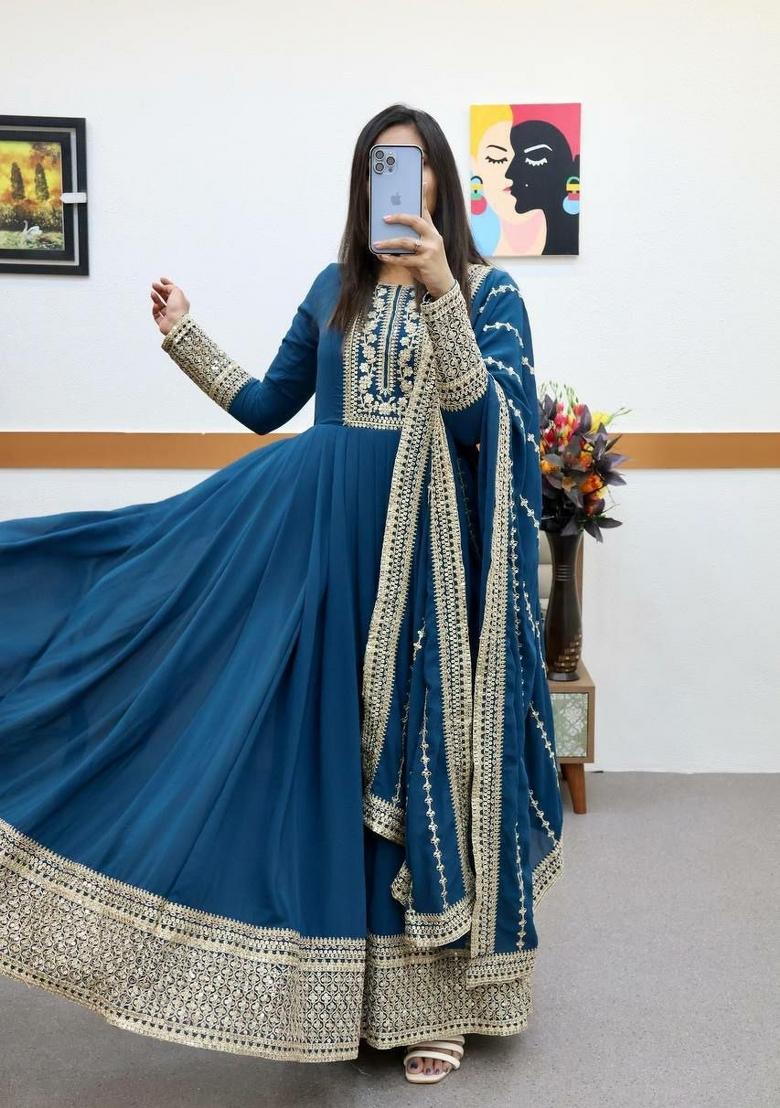 Blue Embroidered Georgette Anarkali Set - Indya