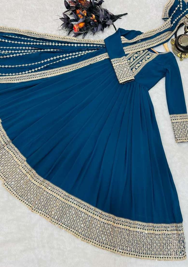 Blue Embroidered Georgette Anarkali Set - Indya
