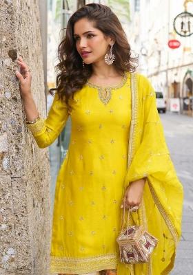 Yellow Embroidered Silk Palazzo Set