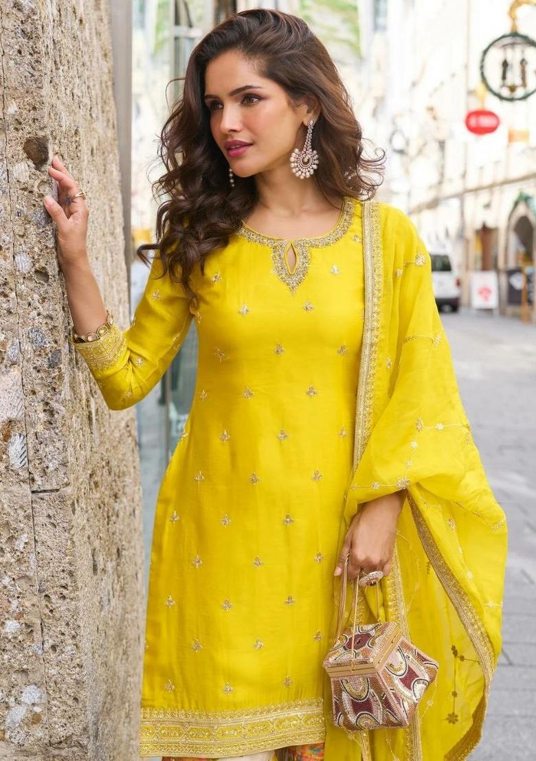 Yellow Embroidered Silk Palazzo Set - Indya
